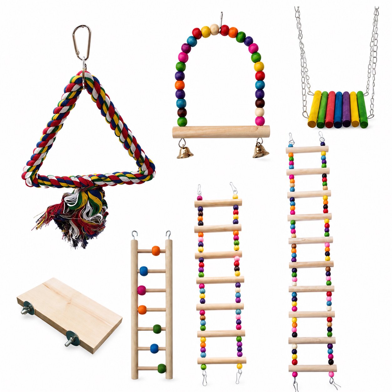 Cotton Rope Dog Chew Toy Assortment Colorful Beaded Wooden Bird Toy Set with Swings and Ladders - Image 1