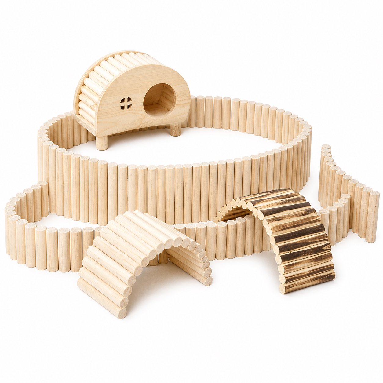 Hamster Landscaping Supplies Manufacturer Golden Bear Toys Rutin Chicken Fence Divider Two - Tier Platform Climbing Natural Wood Hamster Play Set with Fences, House & Bridges - Image 1