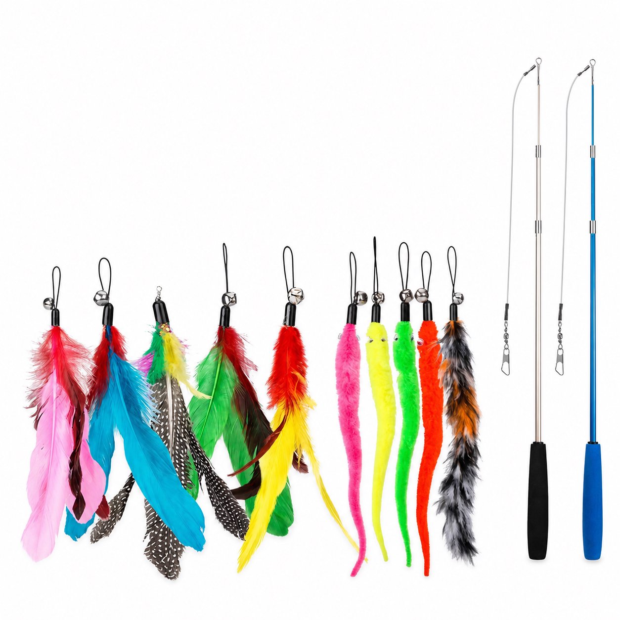 Cotton Rope Dog Chew Toy Assortment Colorful Feather Cat Wand Toy with Bells - Image 1