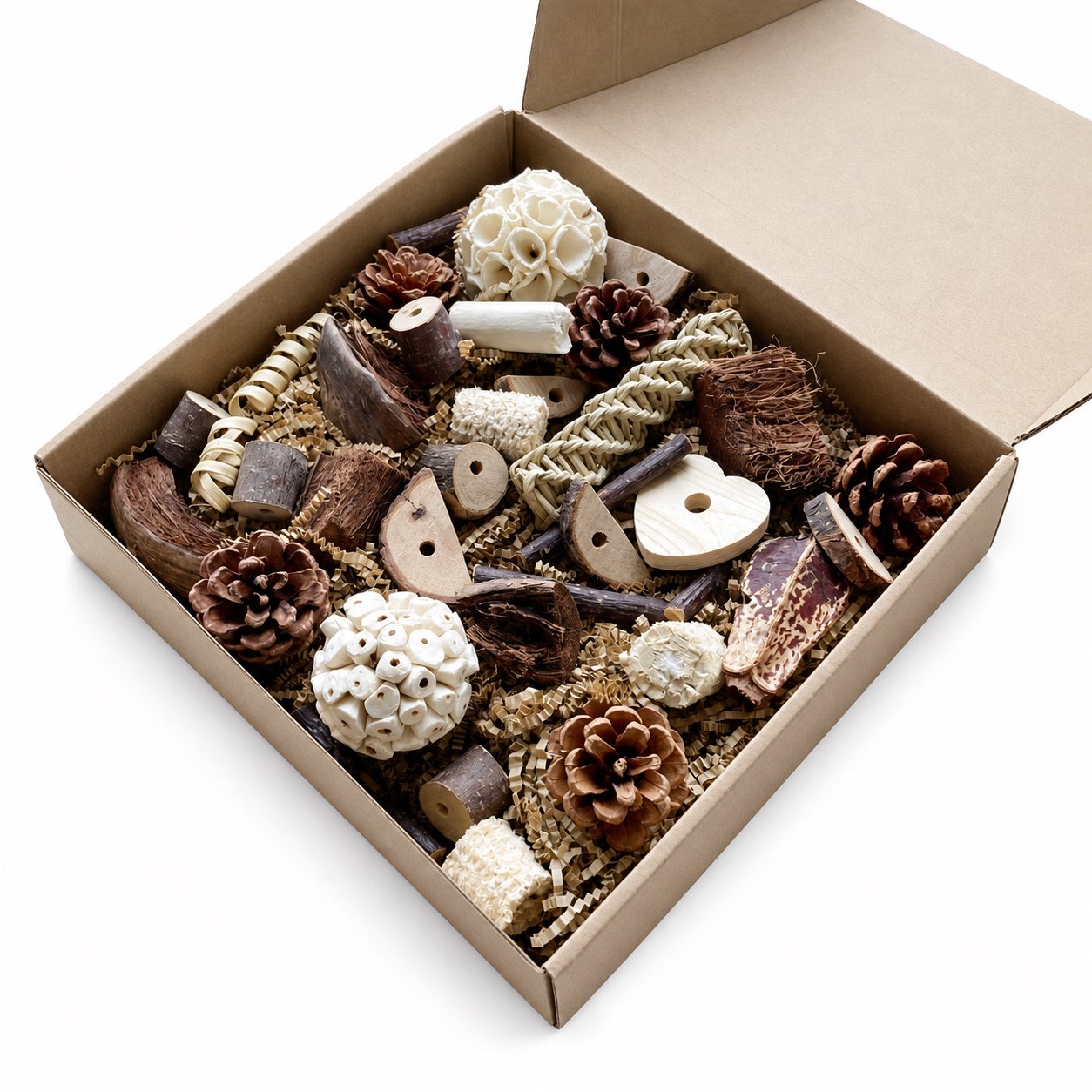 Cotton Rope Dog Chew Toy Assortment Natural Wood & Coconut Bird Foraging Toy Box - Image 1