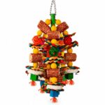 Colorful Hanging Bird Toy with Wooden and Woven Gnawing Elements