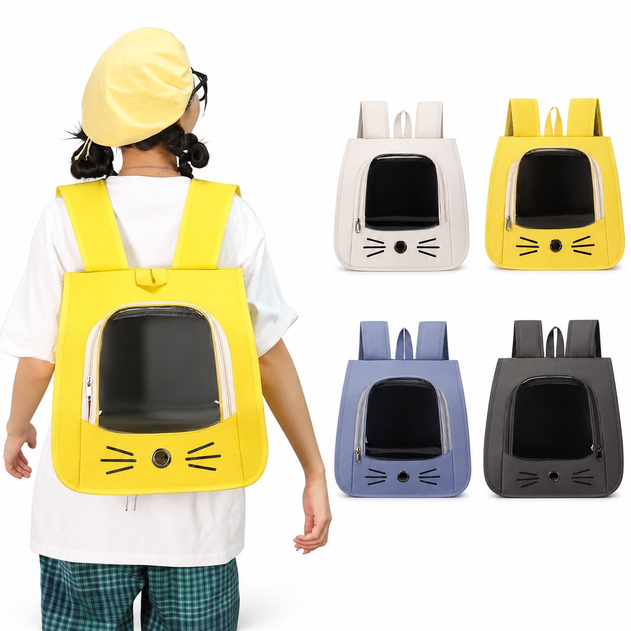 Pet Birthday Bandana And Party Hat Set Cat Face Pet Carrier Backpack with Clear Window - Image 1