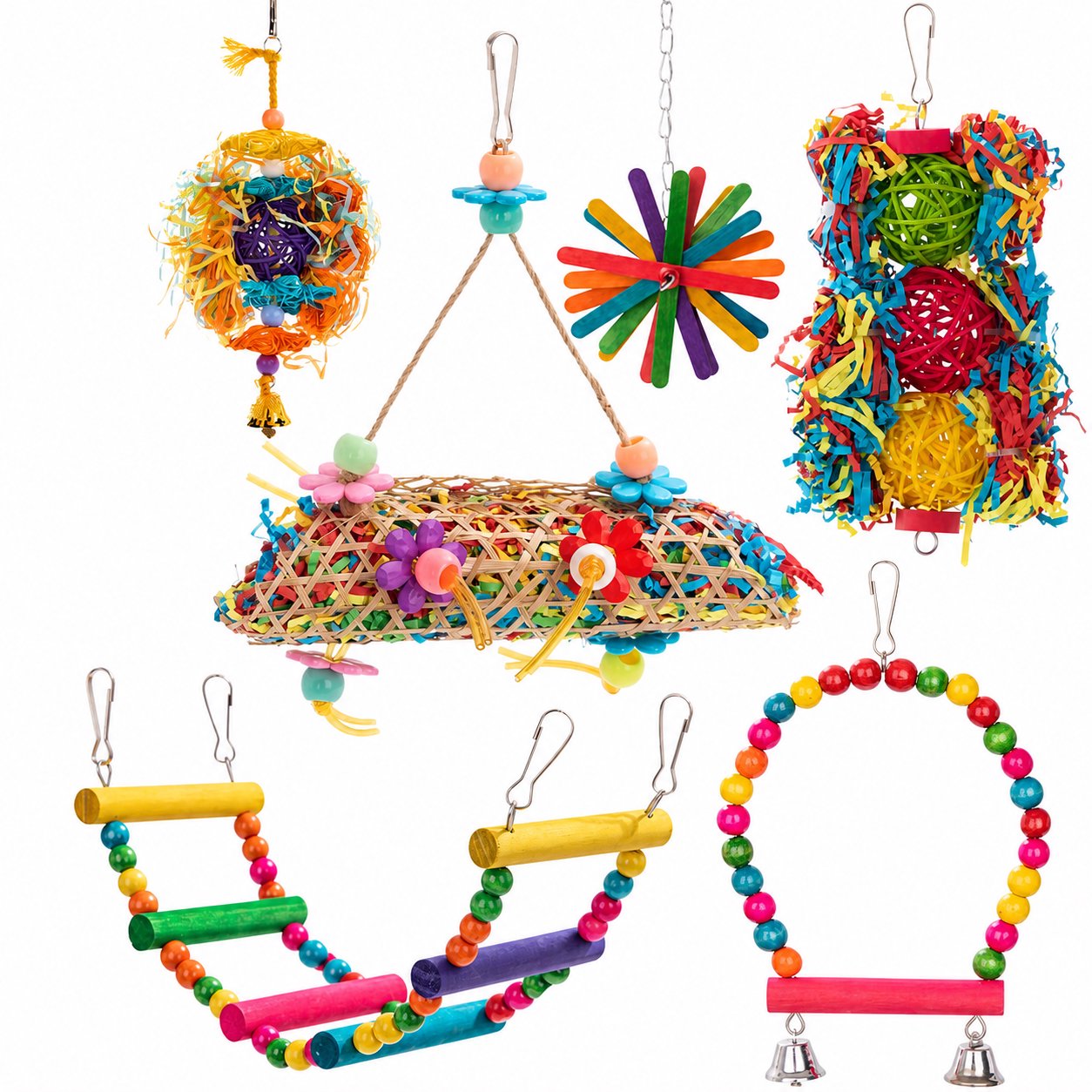 Cotton Rope Dog Chew Toy Assortment 6-Piece Colorful Hanging Bird Toy Set with Paper, Rope, and Beads - Image 1